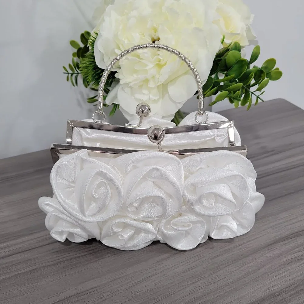 Elegant White Satin Roses Wedding Party Clutch Purse w/Rhinestone Handle & Chain - Picture 1 of 7